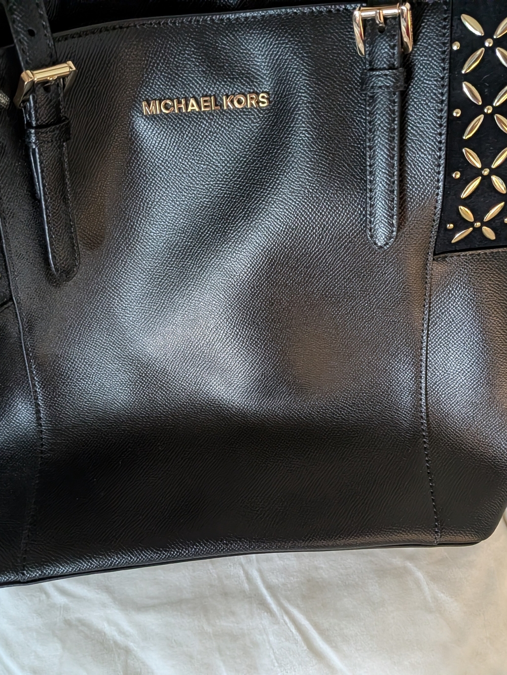 Michael Kors Black Leather Tote with Gold Hardware and Stud Detailing